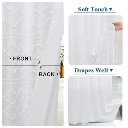 White Stall Boho Shower Curtain, Modern Tufted Plaid Striped Narrow Half Size Fabric Shower Curtain, Farmhouse Tufted Textured Shower Curtains for Bathroom, 36" Wx72 L - color: White, size: 36"W x 72"L (Pack of 1)