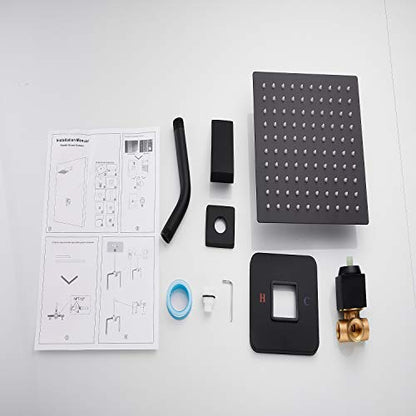 Black Shower Faucet GGStudy Single Function Shower Trim Kit with Rough-in Valve Shower Set Bath Rainfall Shower Faucet System 8inch Square Stainless Steel Metal Shower Head - color: Black, style: Square