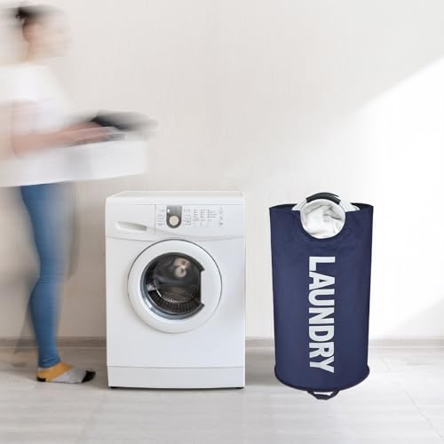 Maxsilan 90L Large Laundry Basket Bag, Collapsible Tall Hamper, Dark Blue | Freestanding tall laundry bag & foldable washing basket. Large capacity clothes storage bin with durable sturdy handles - color: Dark Blue, size: 90L