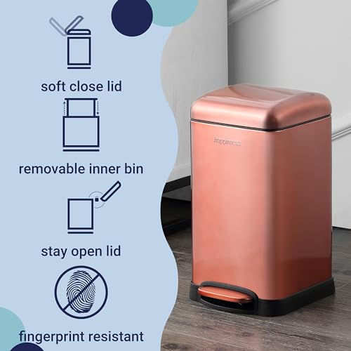 happimess Betty Retro Mini 3.2 Gal Step Trash Can, Rose Gold | Soft-Close Lid, Fingerprint Proof, Removable Liner, Stainless Steel, Hands-Free Pedal - color: Rose Gold