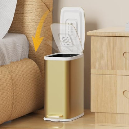 KdbK Champagne Gold Bathroom Trash Can with Lid Soft Close,1.6 Gallon Slim Garbage can,Small Metal Step Wastebasket for Office, Bedroom, Toilet, Live Room - color: Champagne Gold