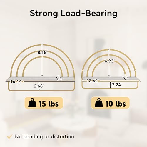 Oakrain Gold Wall Shelf with Arched Metal Frame, Set of 2, 13"&16" | Rustic Wood Floating Shelves, Farmhouse Towel Rack for Bathroom, Entryway, Living Room, Bedroom - color: Gold