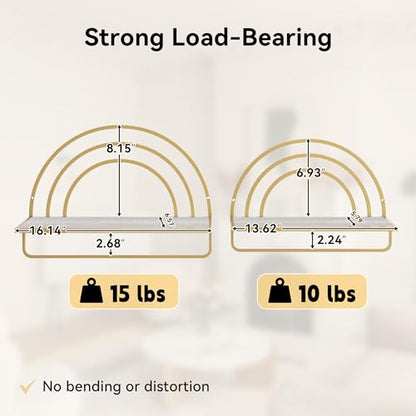 Oakrain Gold Wall Shelf with Arched Metal Frame, Set of 2, 13"&16" | Rustic Wood Floating Shelves, Farmhouse Towel Rack for Bathroom, Entryway, Living Room, Bedroom - color: Gold