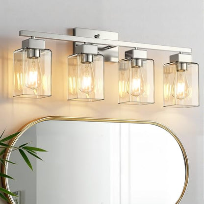 4-Light Bathroom Light Fixtures, Brushed Nickel Modern Vanity Lights, Bathroom Lighting Fixtures Over Mirror, Square Design Farmhouse Wall Sconces with Clear Glass Shades - color: Brushed Nickel, size: 4-Light