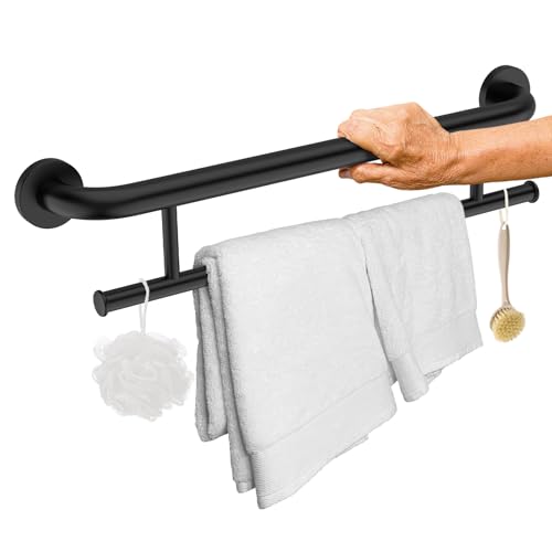 Matte Black Grab Bar with Towel Holder, Grab Bars for Shower 24 Inch | Stainless Steel Bathroom Grab Bar, Shower Towel Bar, Wall Mount Safety Grab Rail for Senior Elderly, Handicap Support Bars - color: towel grab bar - black, size: 24 Inch