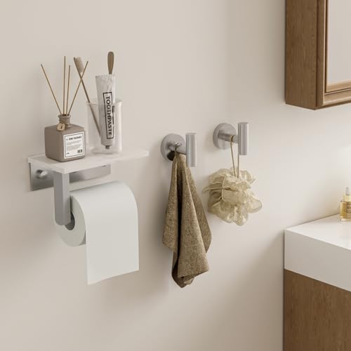 BWE Brushed Nickel Toilet Paper Holder with Marble Shelf Wall Mounted | Toilet Paper Roll Holder with Phone Shelf 304 Stainless Steel Tissue Holder for Bathroom Washroom,Saving Space - color: Brushed Nickel