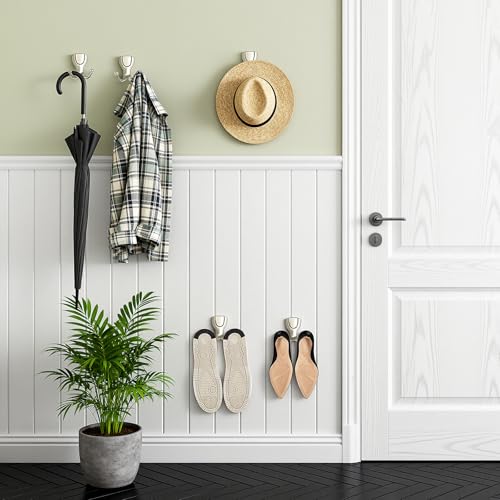 Coat Hooks Wall Mount: Flip Lid Conceals Screws & Double Hooks, Heavy Duty Wall Hooks, Damage-Resistant Clothing Design, Towel Hooks for Bathroom Living Room to Hang Coats Hats Keys (4, Silver) - color: Silver