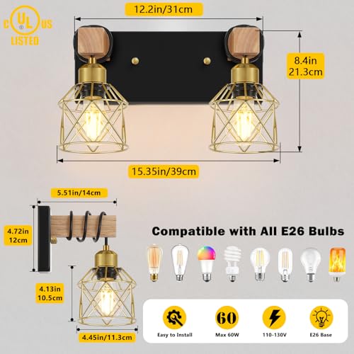 FadimiKoo Rustic Style Wood Bathroom Wall Sconces, 2-Light Black Gold Bathroom Vanity Light Fixtures with Metal Shade, Light Fixtures Wall Mount for Living Room, Hallway, Dressing Table - color: Black & Gold, size: 2-Lights