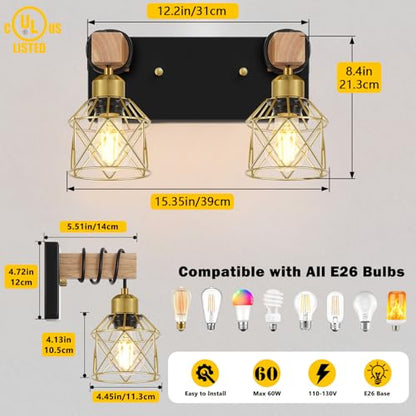 FadimiKoo Rustic Style Wood Bathroom Wall Sconces, 2-Light Black Gold Bathroom Vanity Light Fixtures with Metal Shade, Light Fixtures Wall Mount for Living Room, Hallway, Dressing Table - color: Black & Gold, size: 2-Lights