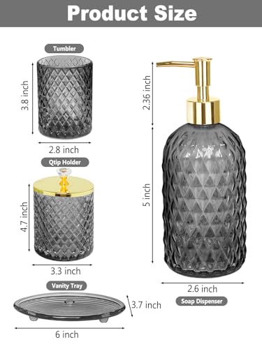 Haturi Glass Bathroom Accessories Set, Smoky Gray Bathroom Set, 4 Pcs | Kit w/ Bathroom Soap Dispenser Set, Toothbrush Holder, Qtip Holder, Vanity Tray, Gray Bathroom Decor, Gift for Home Apartment - style: Smoky Gray