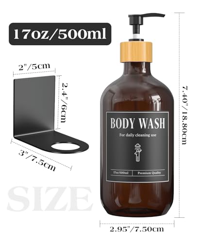 Luxspire 17oz Shampoo and Conditioner Dispenser 3 Sets for Bathroom, Amber | Matte PET bottle, no-drill stainless bracket, detachable pump, dual wall/counter install with classification stickers - color: Amber Brown