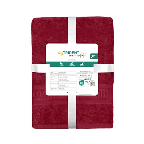 TRIDENT Bath Towel, 2 Piece Bathroom Towel, 100% Cotton, Highly Absorbent, Super Soft, Soft and Plush - Crimson Red - color: Crimson Red