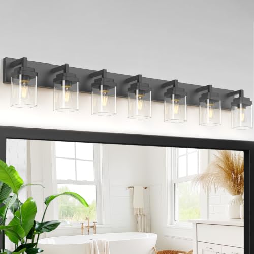 Matte Black Bathroom Light Fixtures, Modern Vanity Lights with Clear Glass Lamp Shade, Bathroom Lighting Fixtures Over Mirror, Restroom Vanity Lighting Fixture, 7-Light 52 Inch - color: Blakc, size: 7-Light