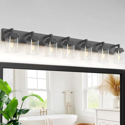 Matte Black Bathroom Light Fixtures, Modern Vanity Lights with Clear Glass Lamp Shade, Bathroom Lighting Fixtures Over Mirror, Restroom Vanity Lighting Fixture, 7-Light 52 Inch - color: Blakc, size: 7-Light
