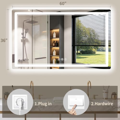 36"x60" LED Bathroom Mirror with Lights, Backlit + Front Lit, Anti-Fog, Lighted Bathroom Mirror for Wall, HD Shatterproof Tempered Glass, Dimmable, Memory Function (Horizontal/Vertical) - size: 60"L x 36"W