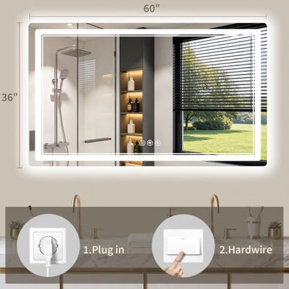 36"x60" LED Bathroom Mirror with Lights, Backlit + Front Lit, Anti-Fog, Lighted Bathroom Mirror for Wall, HD Shatterproof Tempered Glass, Dimmable, Memory Function (Horizontal/Vertical) - size: 60"L x 36"W