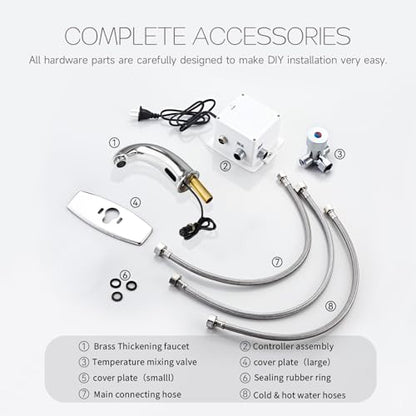 Touchless Bathroom Sink Faucet Automatic Motion Sensor Hands Free Faucet | Chrome plating, with hole cover plate and temperature mixer, commercial solid brass faucet, AC/DC powered, 1 hole or 3 hole - color: Chrome