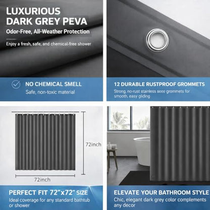 EHZNZIE Dark Grey Shower Curtain Liner 72x72, PEVA Waterproof Bath Curtain, No Chemical Smell, 3 Weighted Magnets, Durable with Rustproof Metal Grommets - color: Dark Grey, size: 72"W x 72"L (Pack of 1)
