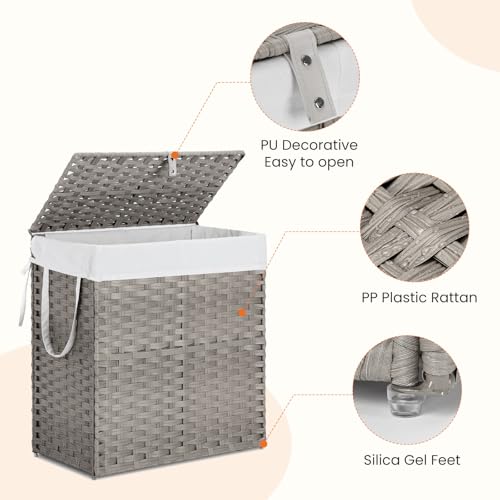 DUMOS Wicker Laundry Basket with Lid, 110L Woven Laundry Hamper with Handles, Foldable Rattan Clothes Hamper with Removable Liner & Sturdy Steel Frame, Dove Gray - color: Dove Gray, size: 110L