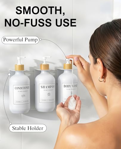 Luxspire 17oz Shampoo and Conditioner Dispenser 3 Sets for Bathroom, White | Matte PET bottle, no-drill stainless bracket, detachable pump, dual wall/counter install with classification stickers - color: Matte White