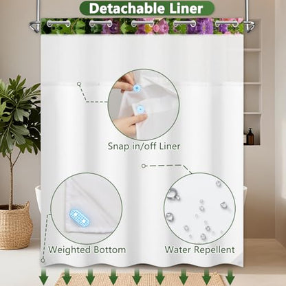 No Hook Floral Shower Curtain with Snap in Liner, Machine Washable Cloth Shower Curtain with See Through Window and Weighted Bottom, Waterproof Fabric Summer Shower Curtains for Bathroom, 71x74 Inches - color: Flower Vines