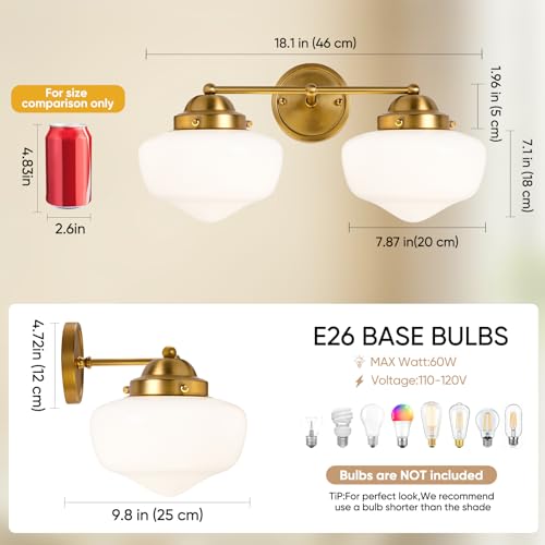 2 Light Bathroom Vanity Light, Bathroom Light Fixture with Milky White Glass Shade and Matte Brass Finish, Vanity Lights for Bathroom, Brushed Gold Vanity Light - color: Milky white, size: Butterfly Double-Ended