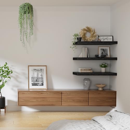 QEEIG 12" Deep Floating Shelves for Wall - 12 x 24 inch Book Shelf Bathroom Bedroom Kitchen Living Room Hanging Bookshelf Farmhouse Set of 3, Black (026-60B3) - color: B. Black, size: 23.6" x 12"