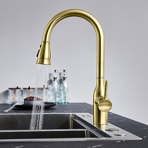 TIORIY Kitchen Faucet Head Replacement with 15 Adapters, 3 Modes Kitchen Faucet Sprayer Replacement Head, Pull Down Kitchen Faucet Spray Nozzle, Brushed Gold - color: Brushed Gold