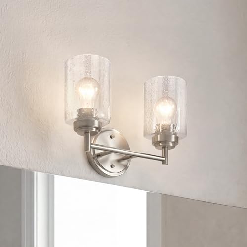 Kichler Winslow 12.75" Vanity Light in Brushed Nickel, 2-Light Transitional Bathroom Light with Clear Seeded Glass. (12.75" W x 9.25" H), 45885NI | Clear seeded glass vanity light for bathroom mirrors (12.75" x 9.25"), 45885NI - color: Brushed Nickel, siz