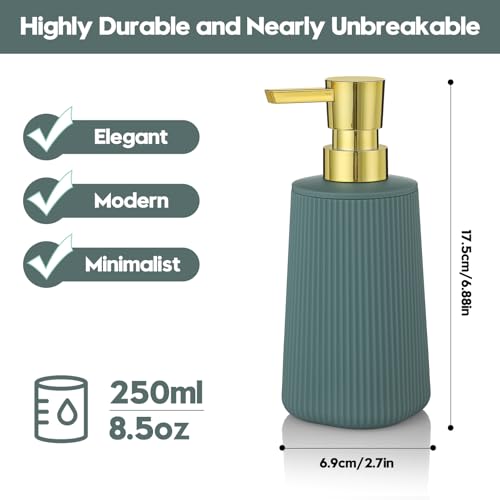 YAUKPH Small Soap Dispenser for Bathroom and Kitchen Matte Green and Gold | Modern Farmhouse Striped Style Plastic Hand Soap Dish Soap Dispenser with Pump - color: Green and Gold