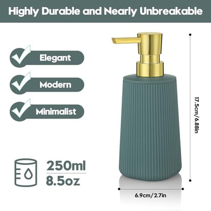 YAUKPH Small Soap Dispenser for Bathroom and Kitchen Matte Green and Gold | Modern Farmhouse Striped Style Plastic Hand Soap Dish Soap Dispenser with Pump - color: Green and Gold
