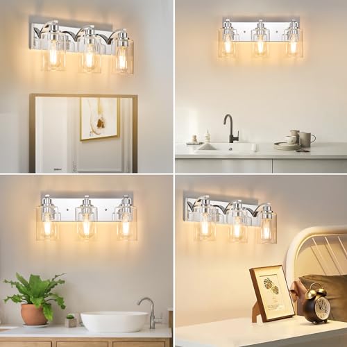 3-Light Bathroom Light Fixtures Modern Chrome Vanity Lights | Easy to Install Clear Glass Shades, Wall Mount Up or Down, E26 Socket, Hardwired, 126V - color: Chrome, size: 3 Lights