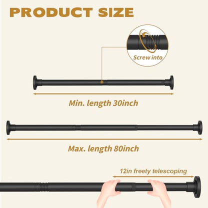 Thestoa Shower Curtain Rod Adjustable 30-80" with Holder, Anti-Rust Shower Rod & Spring Tension Shower Rod No Drill, Black Shower Curtain Rod for Bathroom Tension Rod | Includes adhesive holders, rustproof stainless steel, no-drilling spring tension for b