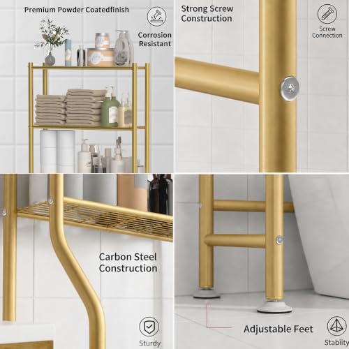 GloTika 3-Tier Over Toilet Storage, Anti-Tilt, 64" H, Gold | Anti-Tilt Safety System, 150lb Capacity, Carbon Steel, Freestanding, No Drilling, Anti-Rust Coating, Paper Holder & 4 Hooks - color: Gold, size: 3-Tier