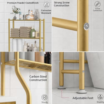 GloTika 3-Tier Over Toilet Storage, Anti-Tilt, 64" H, Gold | Anti-Tilt Safety System, 150lb Capacity, Carbon Steel, Freestanding, No Drilling, Anti-Rust Coating, Paper Holder & 4 Hooks - color: Gold, size: 3-Tier