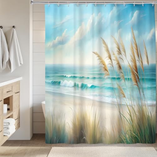Ocean Sea Beach Shower Curtain, Coastal Sandy Shower Curtains for Bathroom, Light Blue Nature Blossom Waterproof Polyester Fabric Shower Curtain Set with Hooks, Standard Size 72 x 72 inches - color: Light Blue