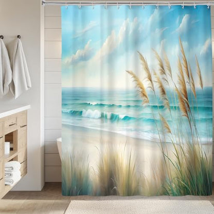 Ocean Sea Beach Shower Curtain, Coastal Sandy Shower Curtains for Bathroom, Light Blue Nature Blossom Waterproof Polyester Fabric Shower Curtain Set with Hooks, Standard Size 72 x 72 inches - color: Light Blue
