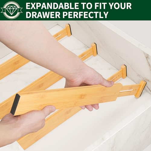 Dunruz Bamboo Drawer Dividers 2.6" High,17"-20" Adjustable Spring Loaded Clothes Drawer Organizers for Kitchen, Dresser, Bathroom, Bedroom and Office - size: 4 Pack 17-20"L