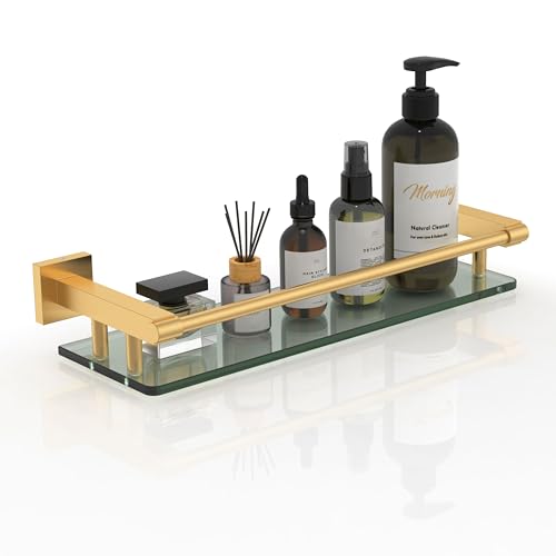 Glass Shelf for Bathroom Rectangular Stainless Steel Tempered Glass Modern Stainless Steel Wall Mount Shelf (Brushed Gold, 16‘’ with Railing) - color: Brushed Gold, size: 16'' with Railing