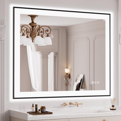 LOAAO 40"X30" LED Bathroom Mirror Black Framed | Anti-Fog, Dimmable, Memory Function, Tempered Glass, Lighted Vanity Mirror for Wall - size: 40"L x 30"W