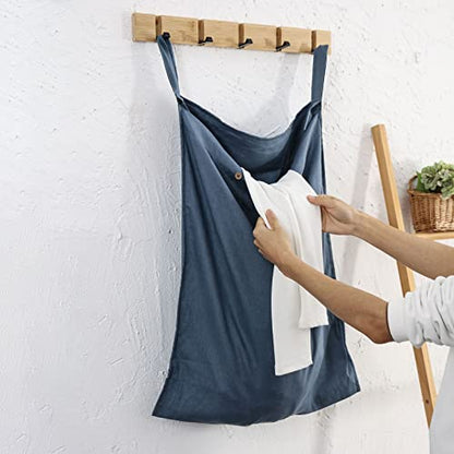 Linen Hanging Laundry Bag, 100% Linen Over The Door Laundry Hamper with Buttons and Zipper, Space Saving Door Hampers for Laundry Dirty Clothes Home Travel, Navy Blue - color: Navy Blue