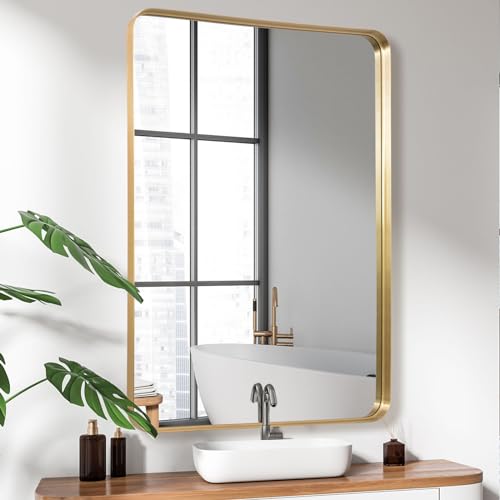 Anpark Wall Mirror 30" x 40" for Bathroom Gold Metal Deep Frame Rectangular Round Corner Wall Mounted Vanity Mirror for Bedroom Living Room Entryway Wall Decor - color: Gold, size: 40"L x 30"W