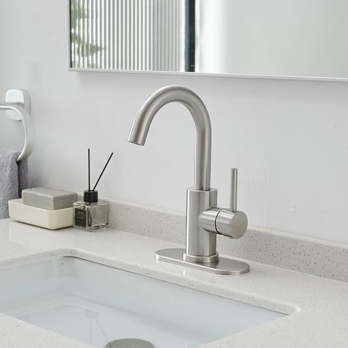 Bathroom Faucet, Single Hole Bathroom Sink Faucet | Single Handle Vanity Faucet with Deck Plate, 360° Swivel Stainless Steel for RV, Bar Sink, Lavatory - color: Brushed Nickel, style: Rotatable