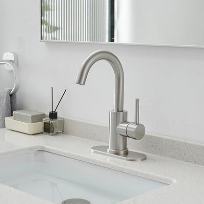 Bathroom Faucet, Single Hole Bathroom Sink Faucet | Single Handle Vanity Faucet with Deck Plate, 360° Swivel Stainless Steel for RV, Bar Sink, Lavatory - color: Brushed Nickel, style: Rotatable