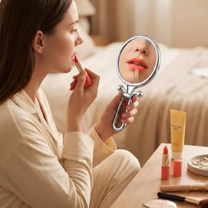 Magnifying Handheld Mirror Double Sided, Travel Makeup Hand Mirrors with 1X 2X Magnification, Small Hand/Desk Vanity Mirror (1Pc Silver) - color: 1pc Silver