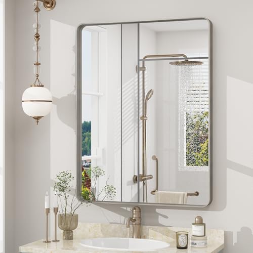 22x30 Inch Silver Brushed Nickel Bathroom Mirror | Silver Metal Framed Vanity Mirror for Wall, Rounded Rectangle, Anti- Rust, Shatterproof, Hangs Horizontally or Vertically - color: Silver, size: 30"L x 22"W