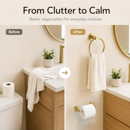 Gold Toilet Paper Holder Towel Ring, Brushed Gold Bathroom Accessories Hand Towel Holder Wall Mount Bath Hardware Set Tissue Roll Holder with Double Post SUS304 Stainless Steel 2pc