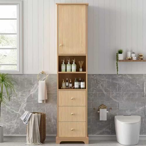 Majnesvon 67" H Storage Cabinet for Bathroom, Slim Towel Cabinets with a Door and 3 Drawers, Adjustable Shelf, Modern Linen Tower for Bathroom Kitchen, Anti-Tipping