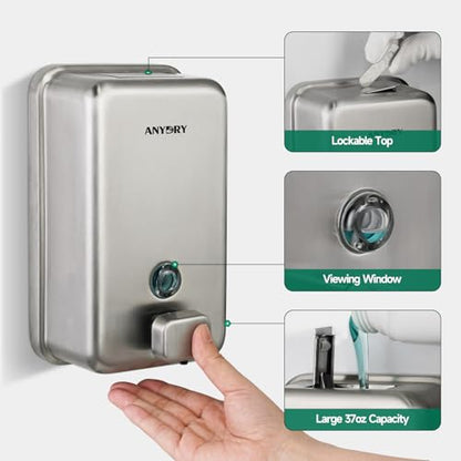 anydry Commercial Soap Dispenser Wall Mounted 37oz Brushed Stainless Steel | Liquid Hand Soap Dispenser, Ideal for Commercial Bathroom, Large Capacity, Easy Refill, Leak-Proof Pump, Stable Installation - color: Brushed