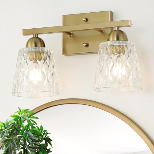 Mecgirn Stainless Steel Bathroom Vanity Light Over Mirror, 2 Light Brushed Gold Bathroom Light Fixtures with Textured Glass Shades, Modern Vanity Lighting Wall Mount - color: Brushed Gold, size: 2 Light